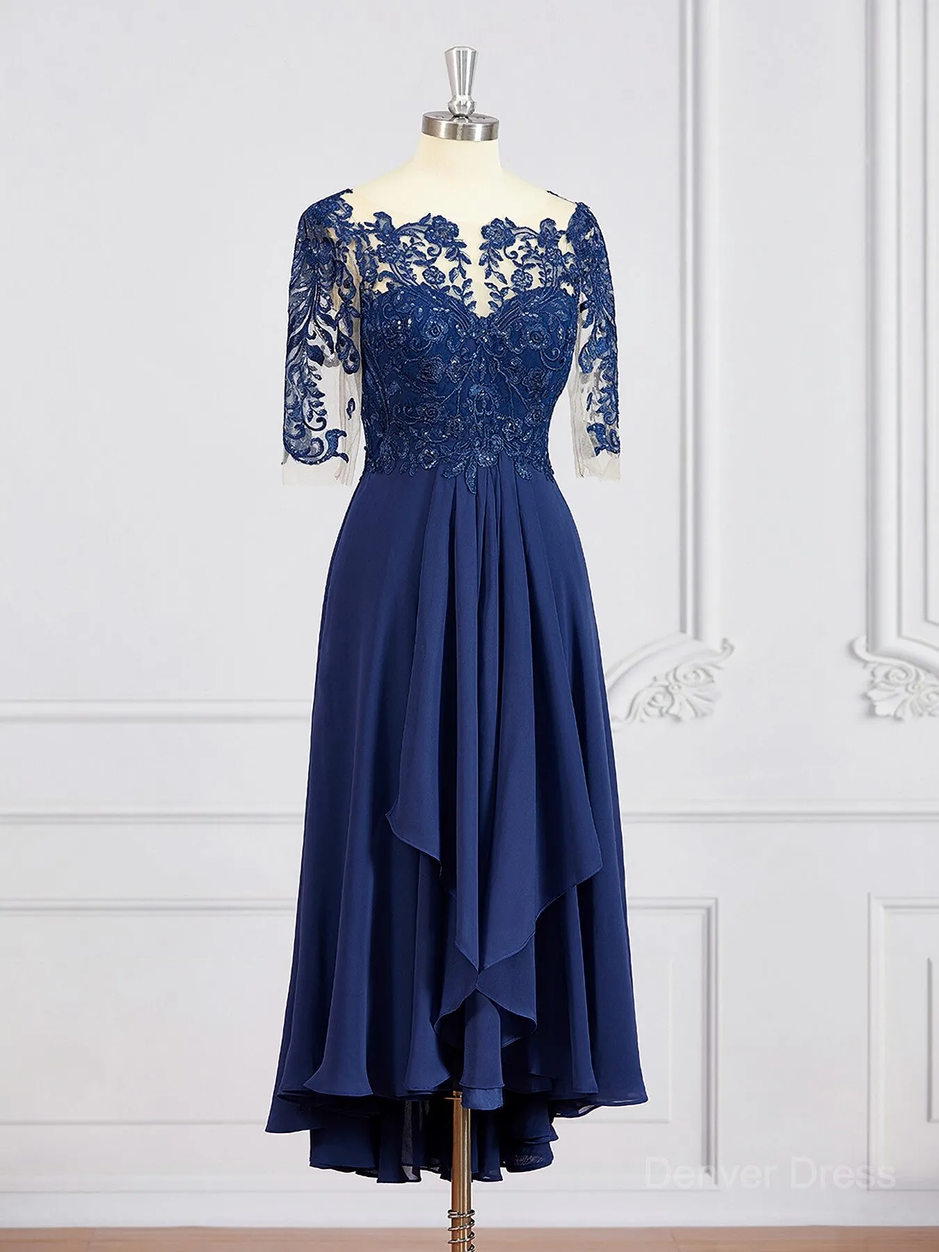 A-Line Bateau Tea-Length Chiffon Mother of the Bride Dresses With Appliques Lace