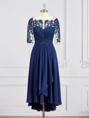 A-Line Bateau Tea-Length Chiffon Mother of the Bride Dresses With Appliques Lace