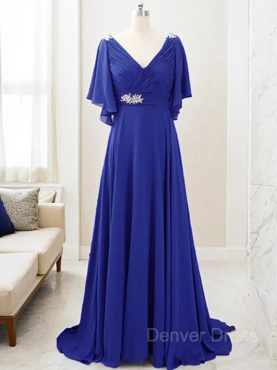 A-Line V-neck Sweep Train Chiffon Mother of the Bride Dresses With Beading