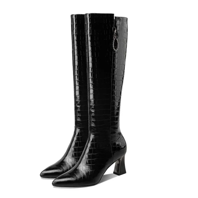 AlliCharm Leather Alligator Textured Knee High Boots