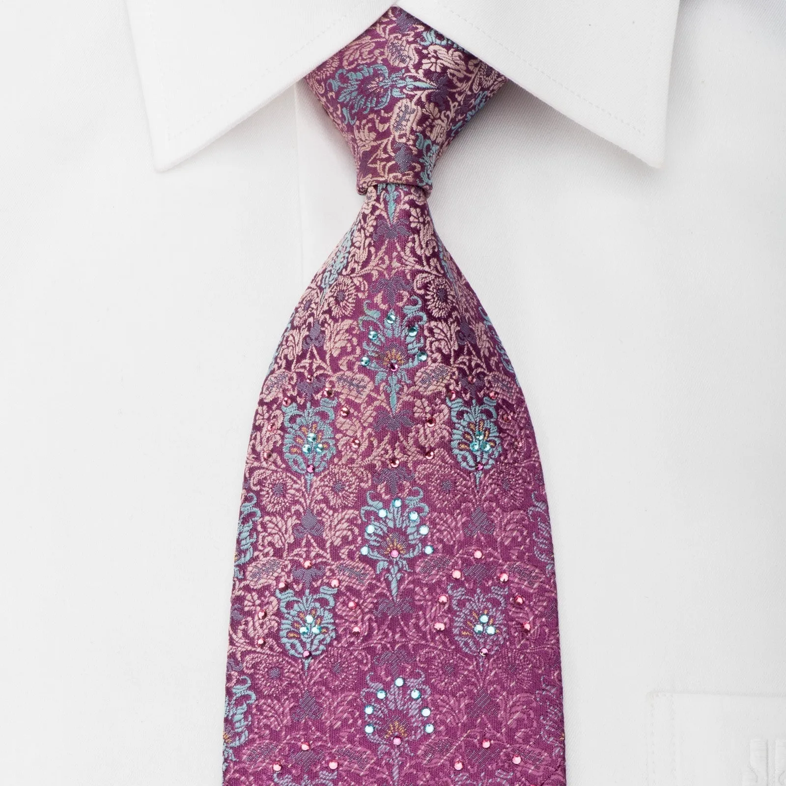 Andre Kim Rhinestone Silk Tie Anthemion On Purple With Golden Sparkles