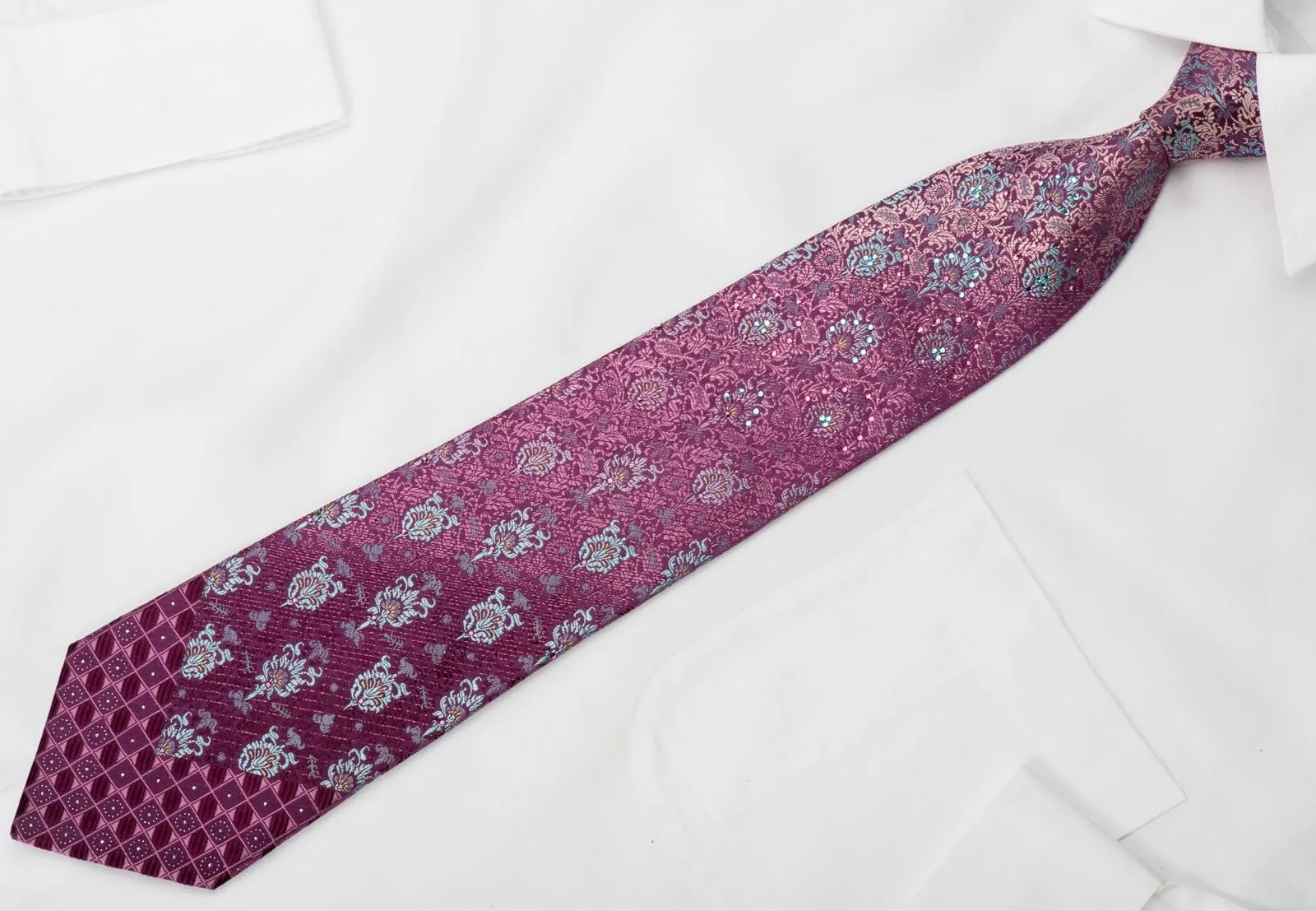 Andre Kim Rhinestone Silk Tie Anthemion On Purple With Golden Sparkles