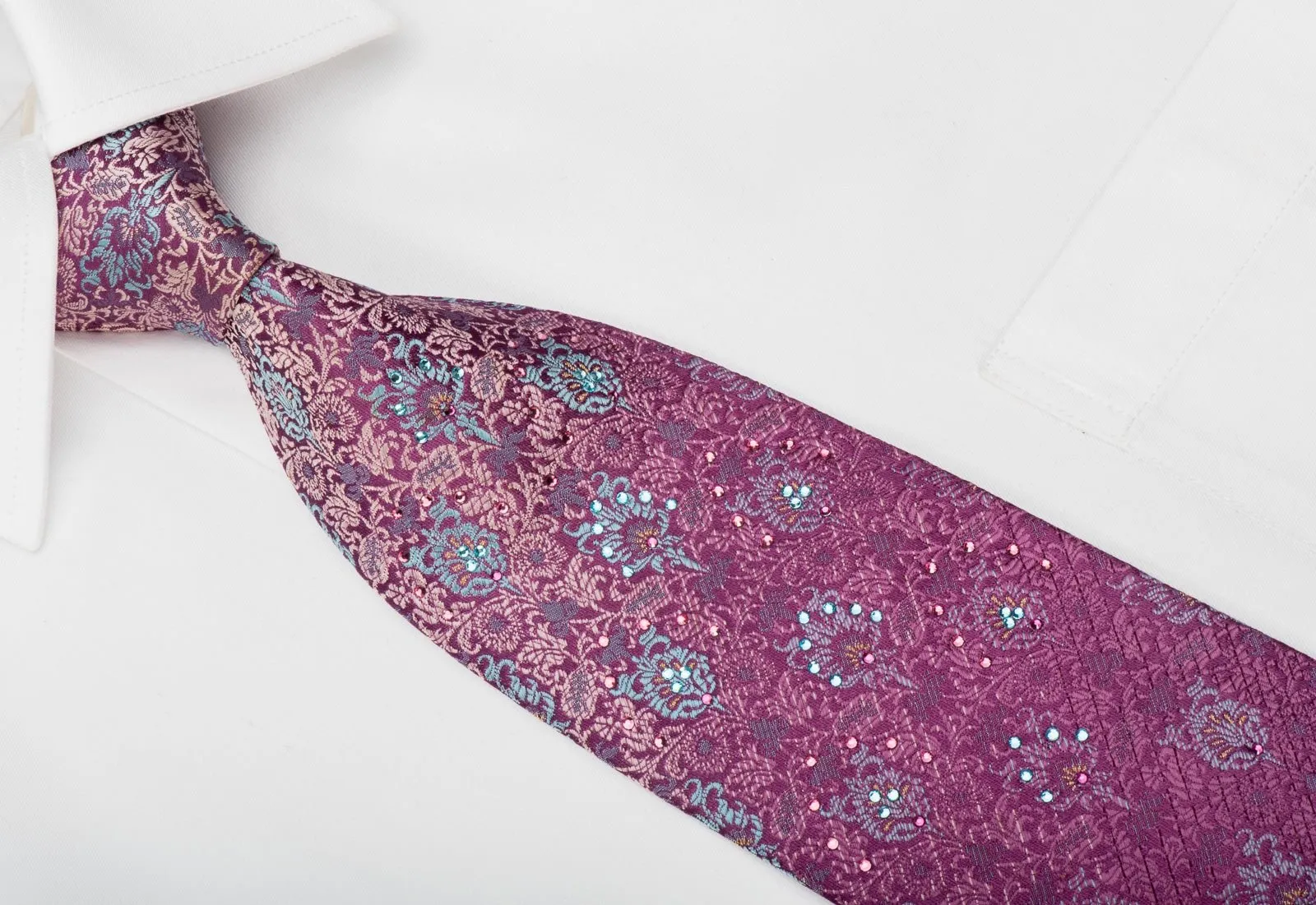 Andre Kim Rhinestone Silk Tie Anthemion On Purple With Golden Sparkles