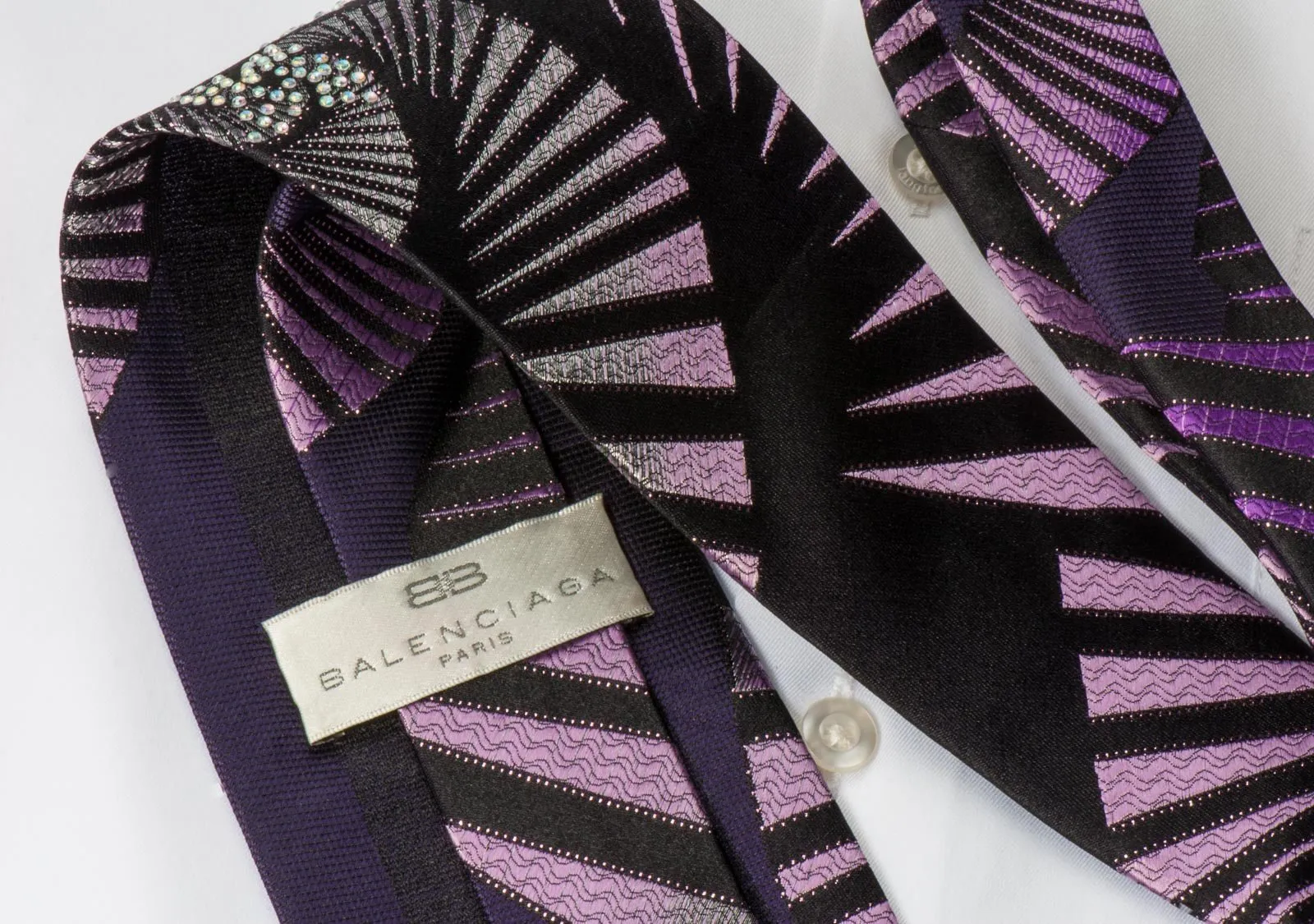 Balenciaga Men's Rhinestone Silk Necktie Geometric Design On Purple With Silver Sparkles