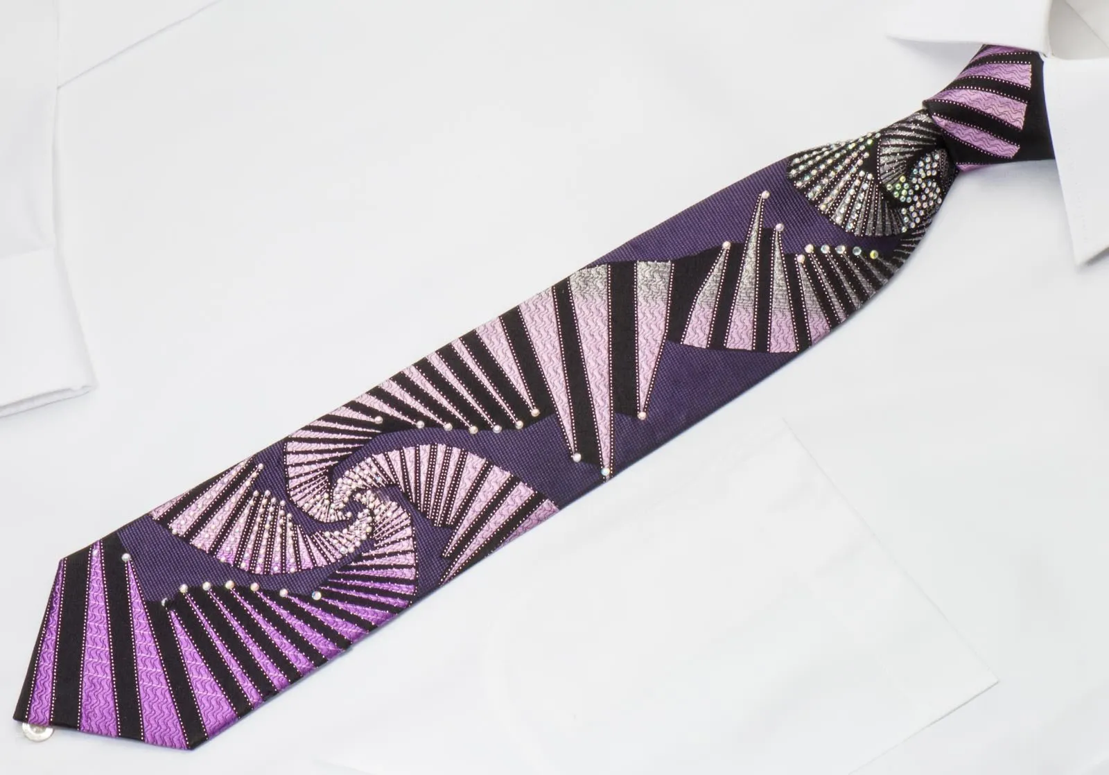 Balenciaga Men's Rhinestone Silk Necktie Geometric Design On Purple With Silver Sparkles