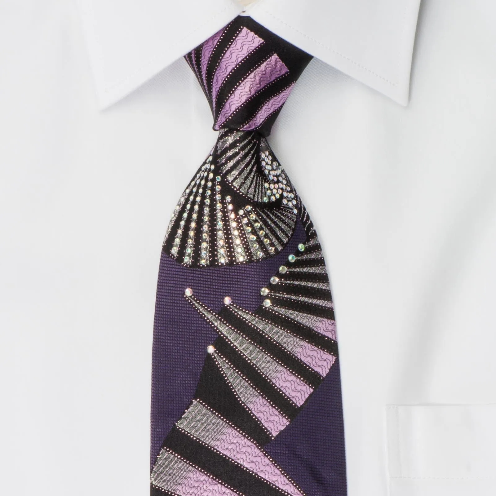 Balenciaga Men's Rhinestone Silk Necktie Geometric Design On Purple With Silver Sparkles