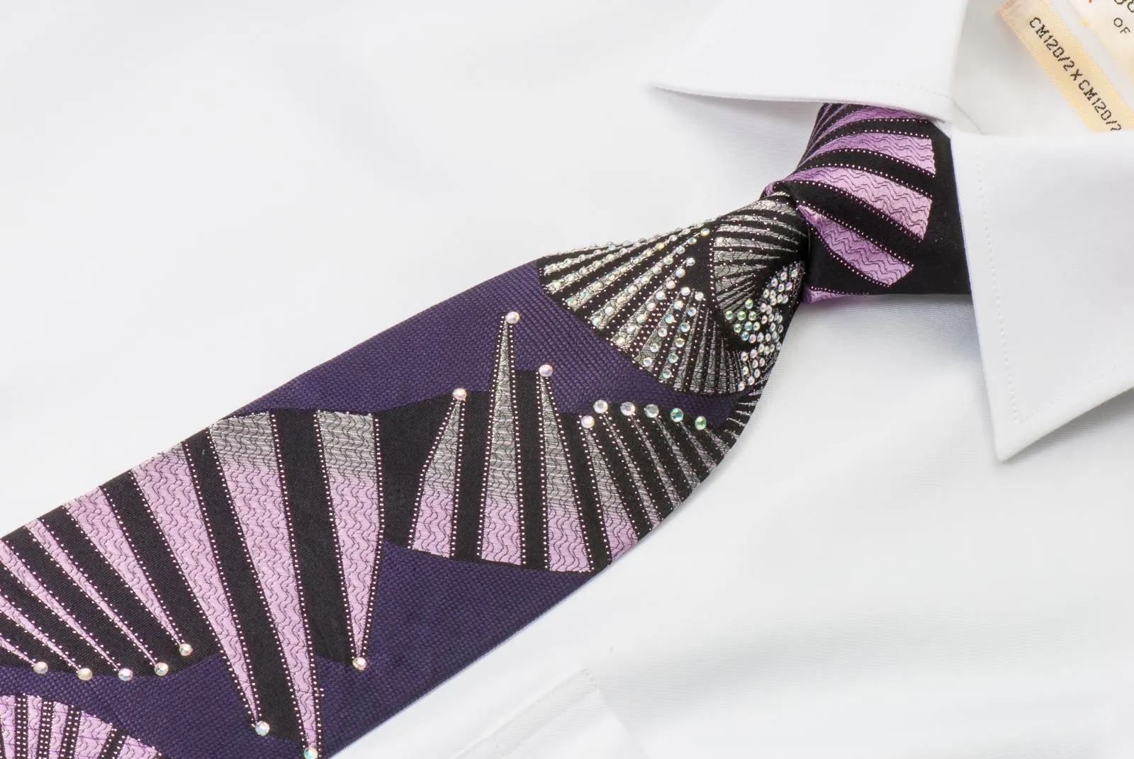 Balenciaga Men's Rhinestone Silk Necktie Geometric Design On Purple With Silver Sparkles