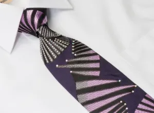 Balenciaga Men's Rhinestone Silk Necktie Geometric Design On Purple With Silver Sparkles