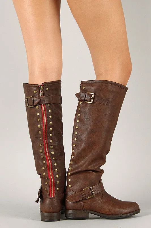 Bamboo Contrast Zipper Studded Riding Knee High Boot