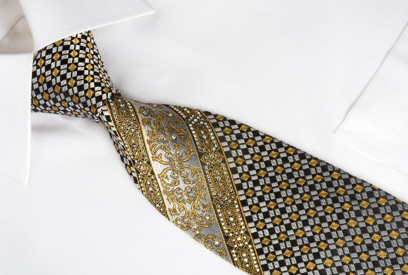 Cabrini Mens Silk Tie Golden Cartouche Checkered On Black With rhinestones