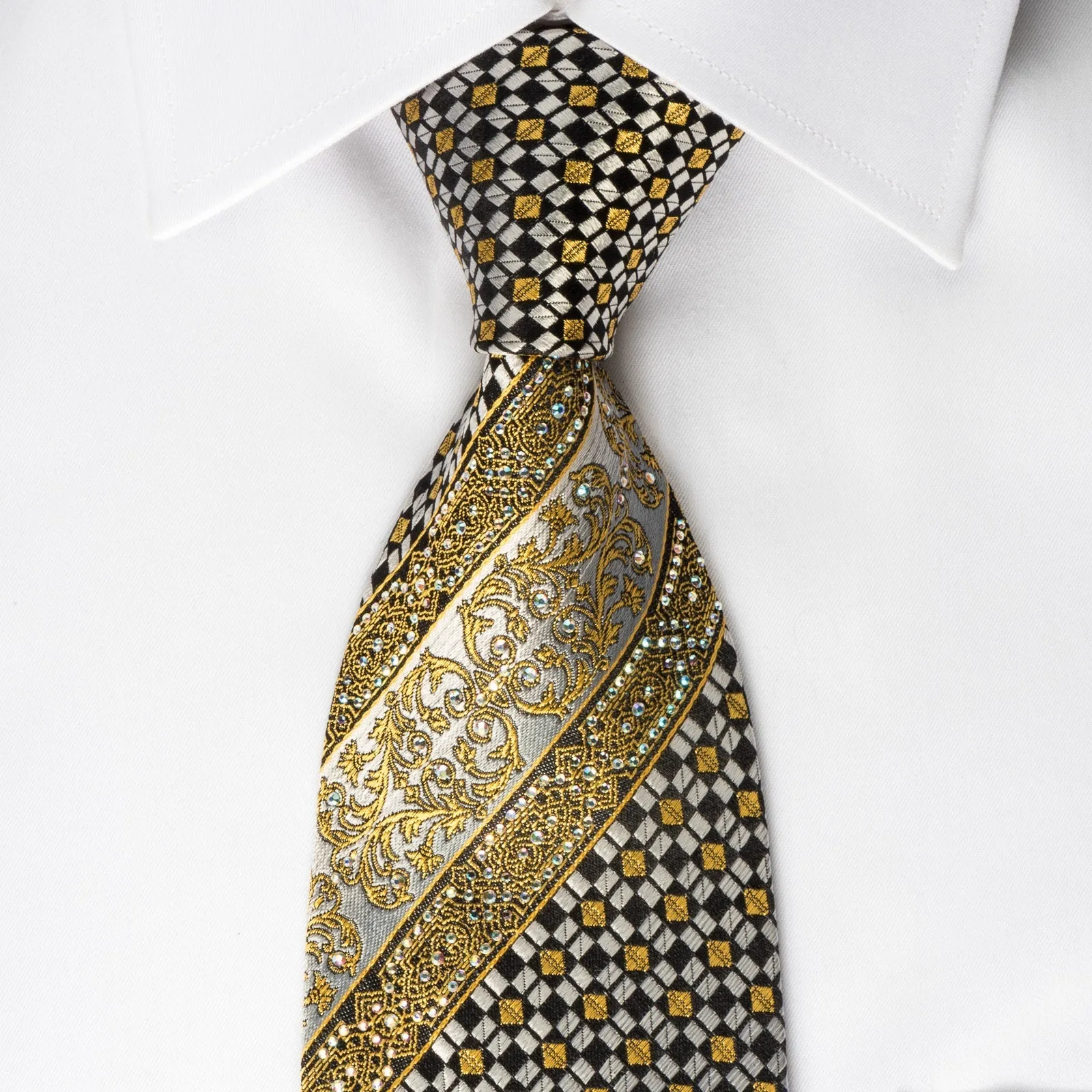 Cabrini Mens Silk Tie Golden Cartouche Checkered On Black With rhinestones