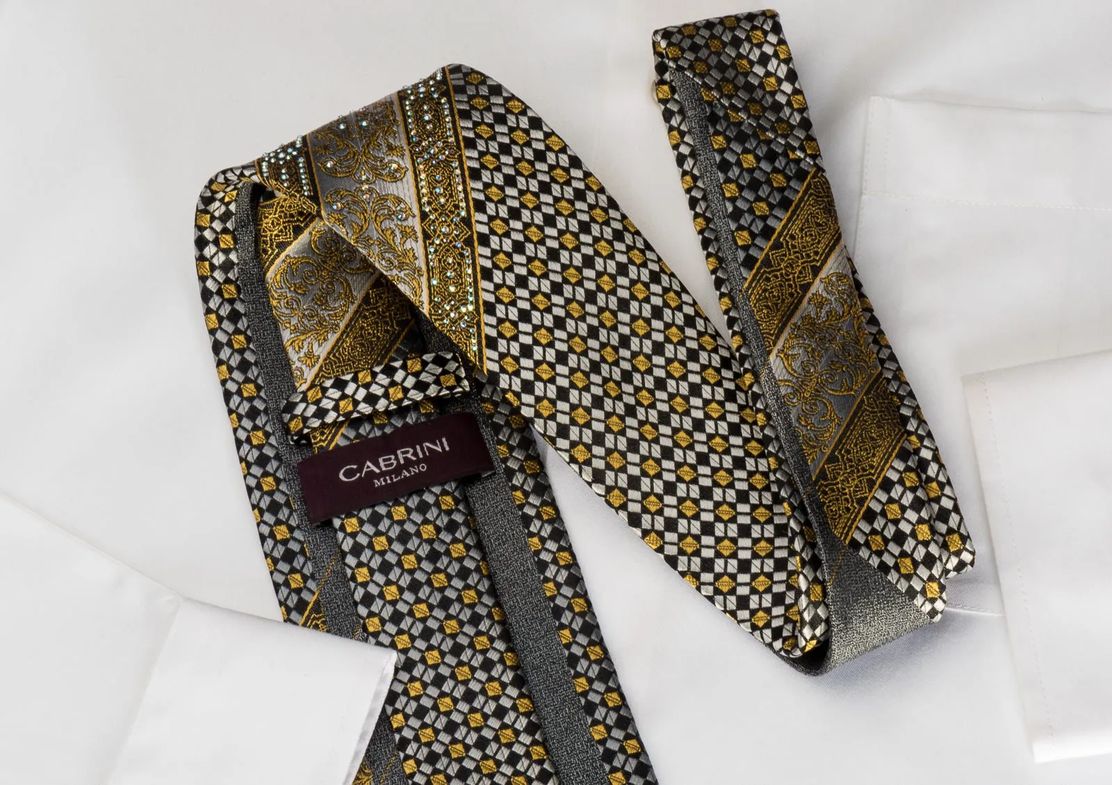 Cabrini Mens Silk Tie Golden Cartouche Checkered On Black With rhinestones