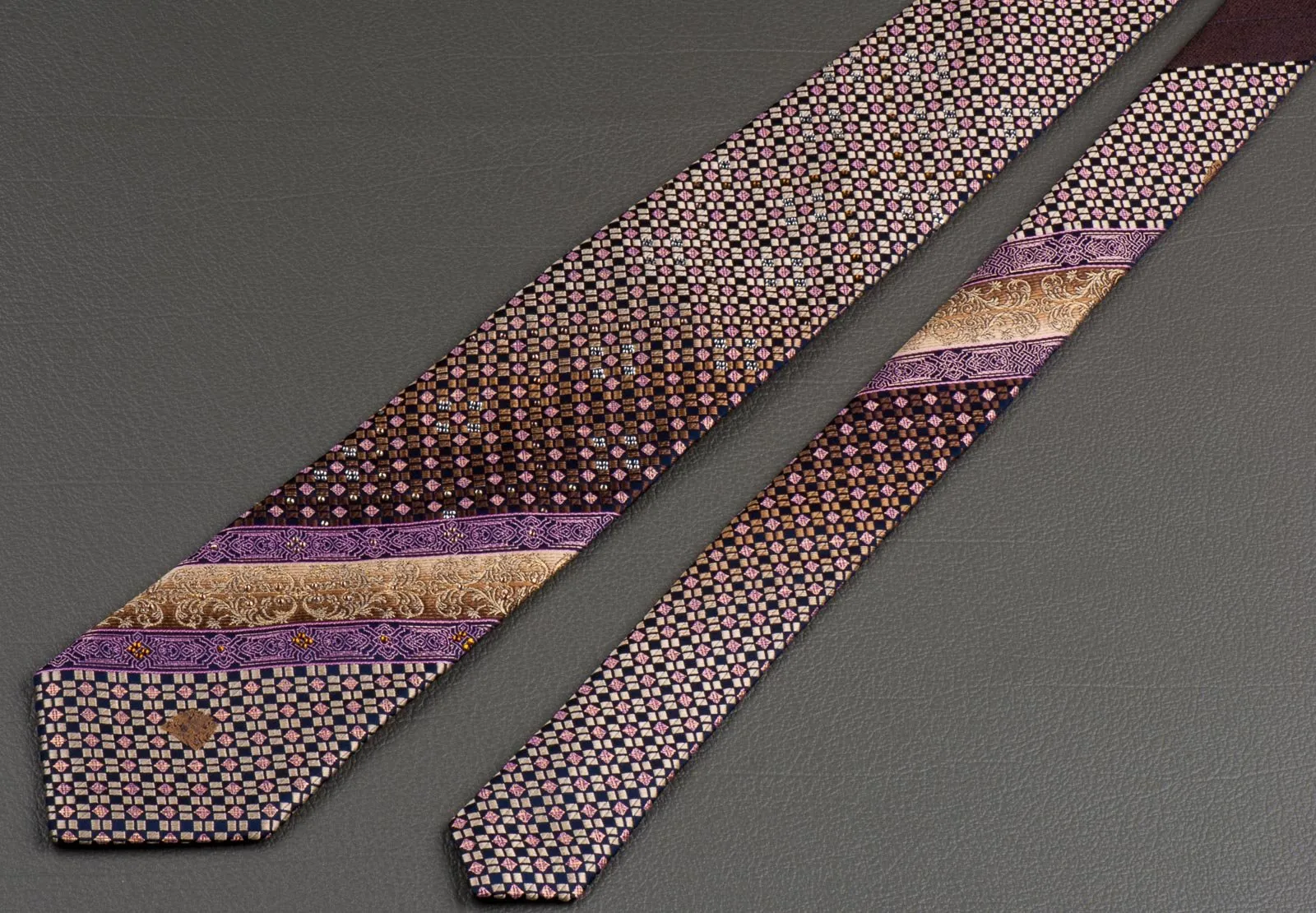 Cabrini Rhinestone Silk Neck Tie Checks & Stripes On Brown With Golden Sparkles