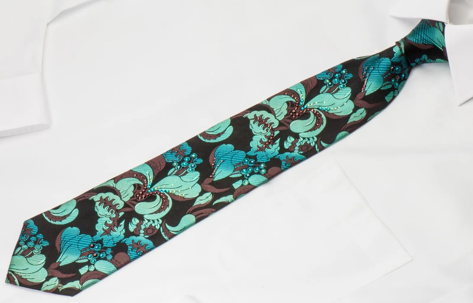 Charles Jourdan Rhinestone Silk Tie Turquoise Floral Orchids On Black