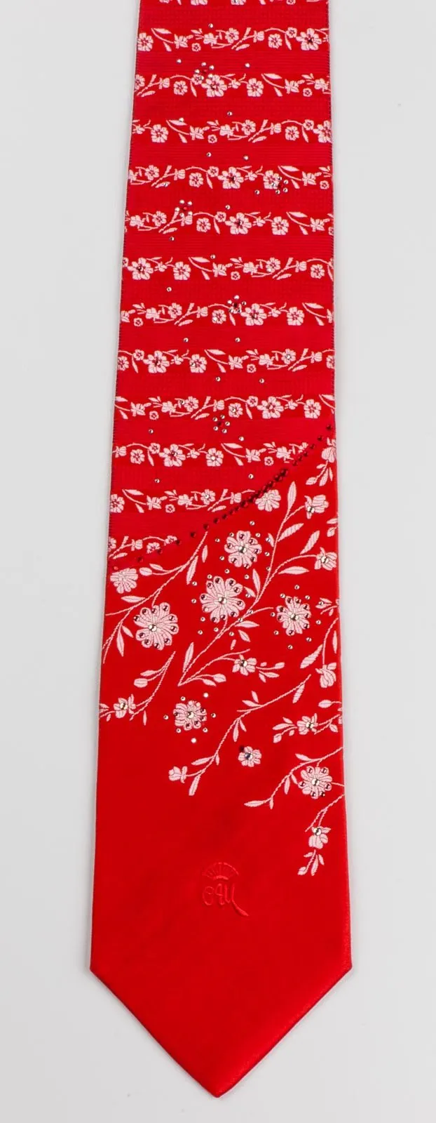 Countess Mara Rhinestone Silk Neck Tie Floral Design On Red Classic 3 1/2 Inch