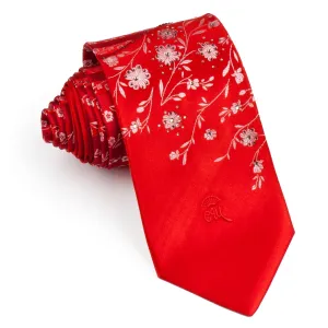 Countess Mara Rhinestone Silk Neck Tie Floral Design On Red Classic 3 1/2 Inch