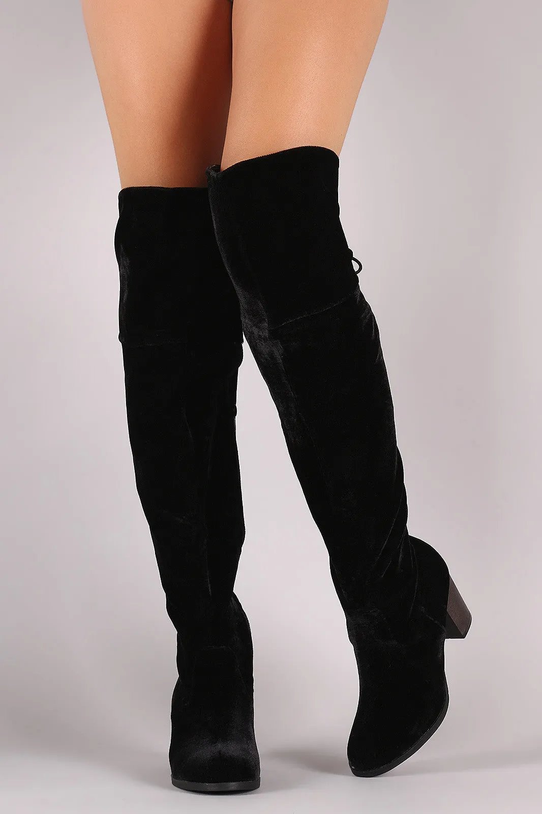 Crushed Velvet Back Lace-Up Chunky Heeled Over-The-Knee Boots