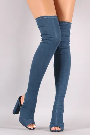 Cutaway Heel Fitted Over-The-Knee Denim Boots