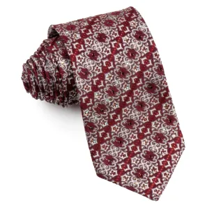 Daniel Hechter Men's Rhinestone Necktie Striped Silver Damask Motif On Burgundy