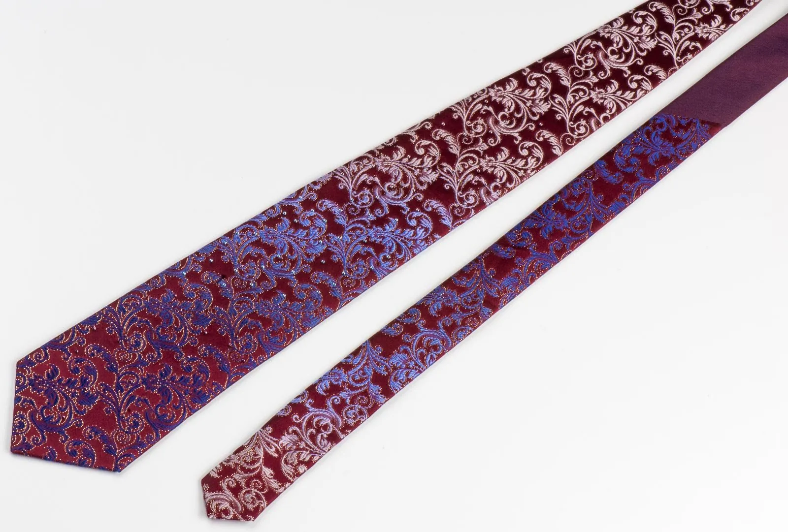 Daniel Hechter Silk Necktie Blue & Golden Vines On Burgundy With Rhinestones