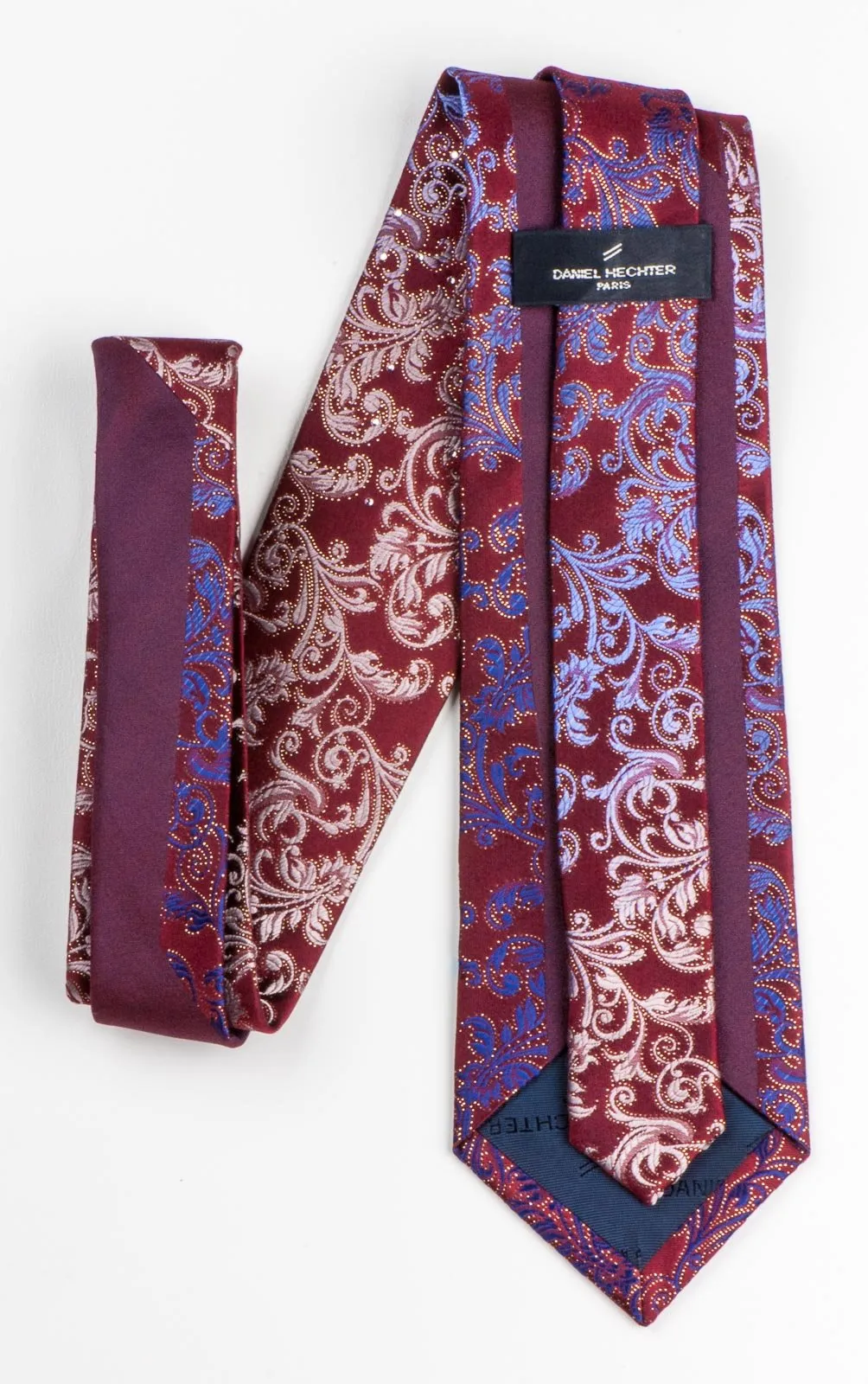 Daniel Hechter Silk Necktie Blue & Golden Vines On Burgundy With Rhinestones