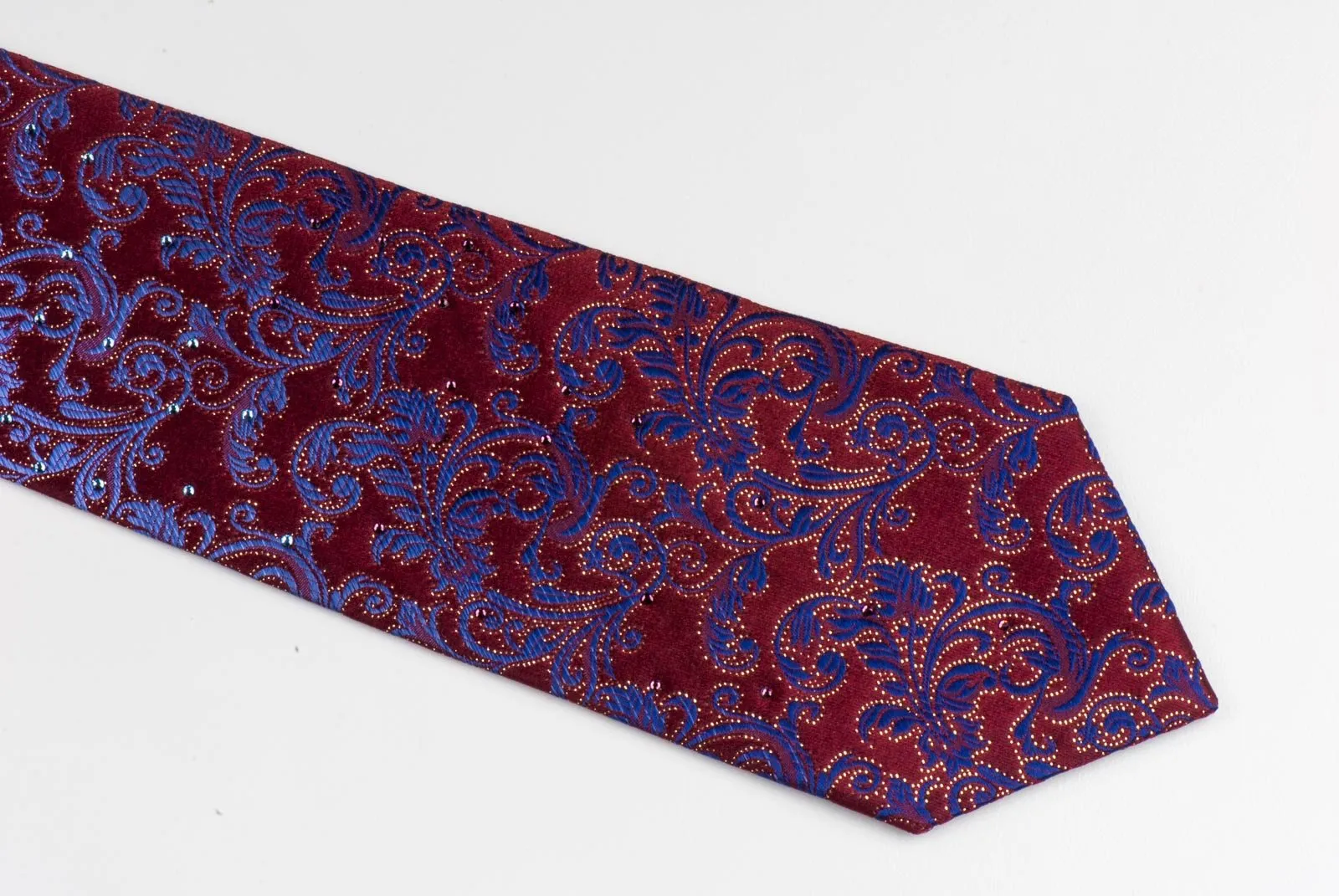 Daniel Hechter Silk Necktie Blue & Golden Vines On Burgundy With Rhinestones