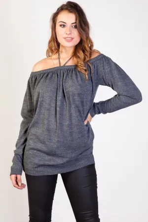 Dark Grey Off the Shoulder Knitwear Tunic - S/M