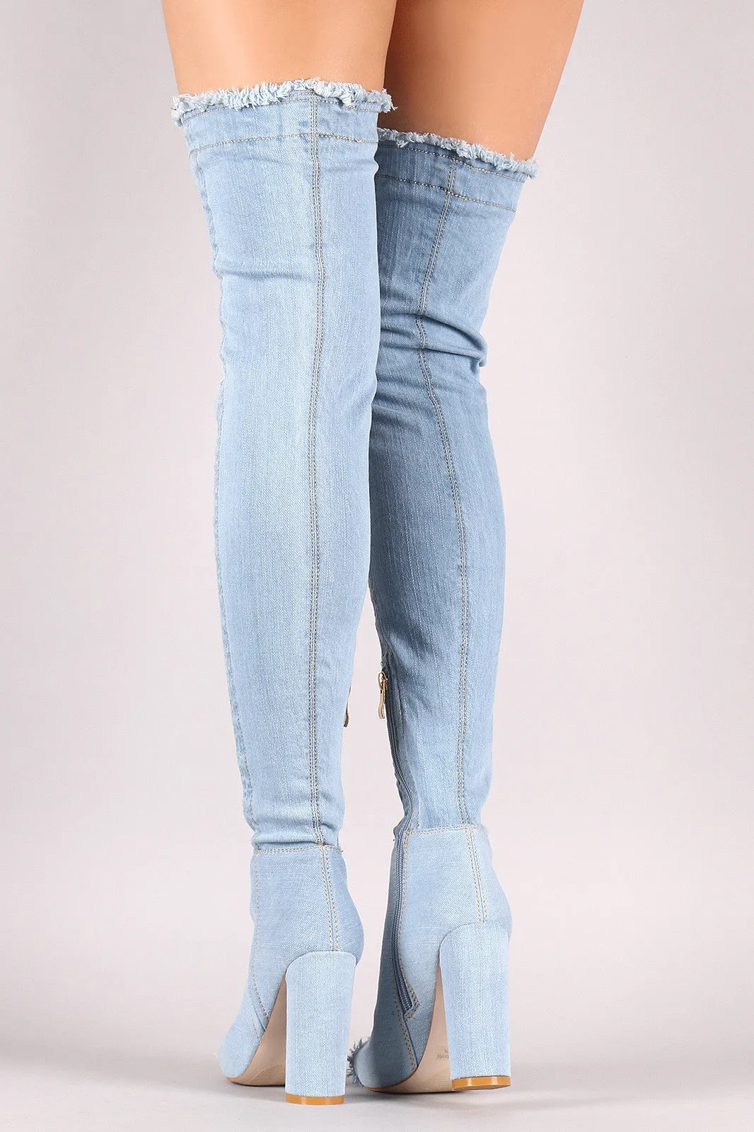 Distressed Denim Chunky Heeled Over-The-Knee Boots