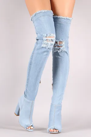 Distressed Denim Chunky Heeled Over-The-Knee Boots