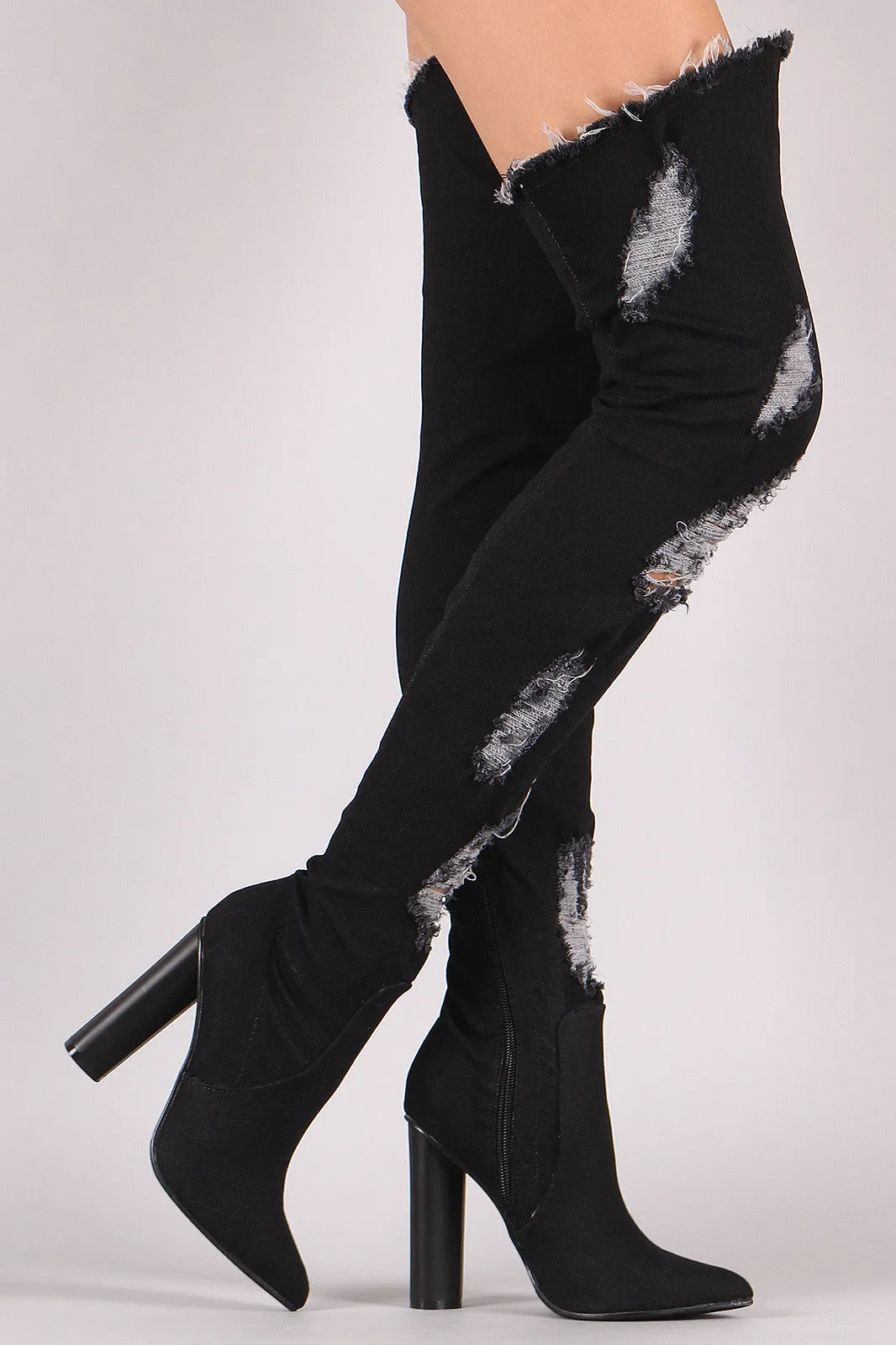 Distressed Denim Pointy Toe Chunky Heeled Over-The-Knee Boots