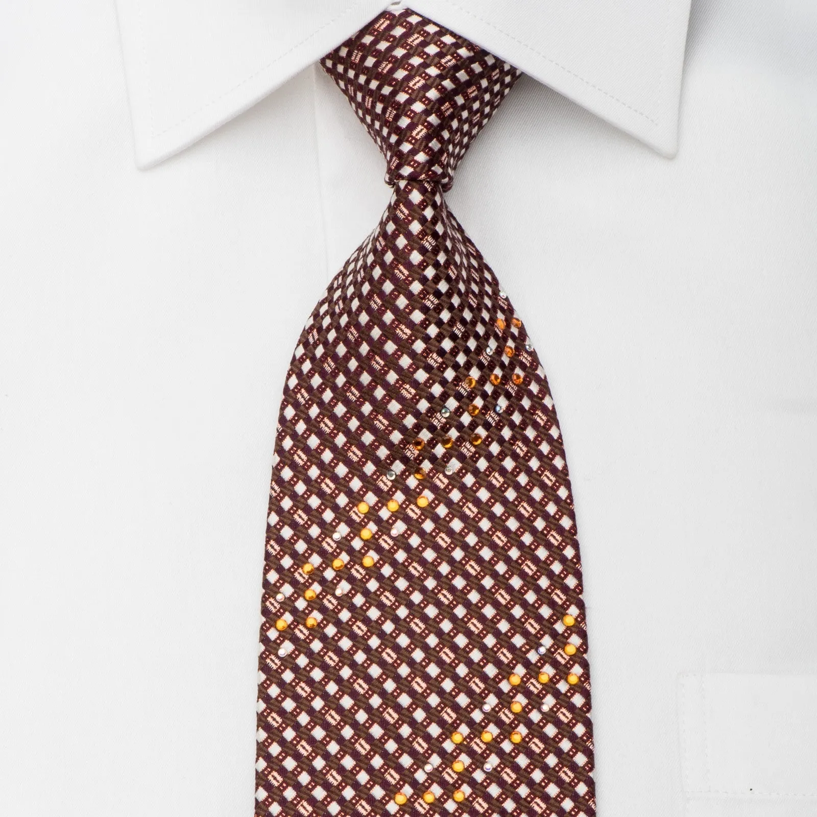 Elegance Rhinestone Silk Necktie Silver Checkered On Burgundy With Copper Sparkles