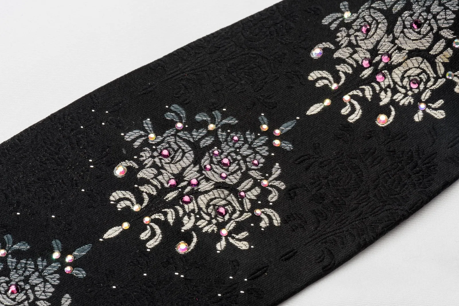 Elegance Silk Rhinestone Necktie Silver Floral On Black With Sparkles