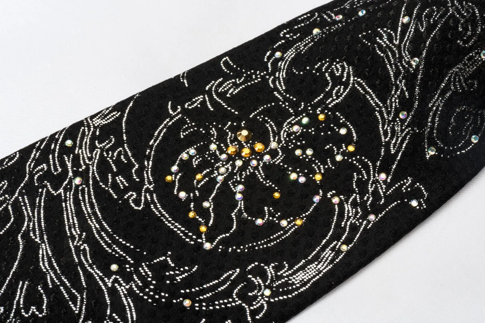 Elegance Silk Rhinestone Necktie Silver Floral On Black With Sparkles