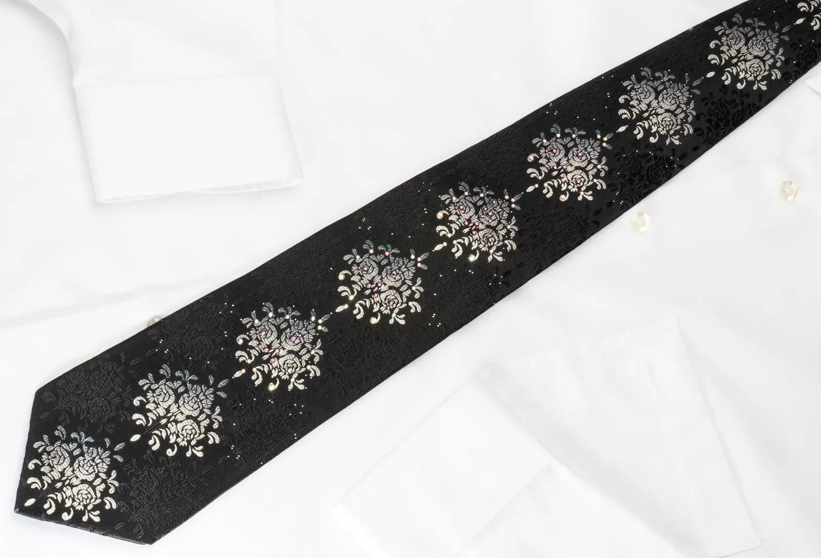 Elegance Silk Rhinestone Necktie Silver Floral On Black With Sparkles