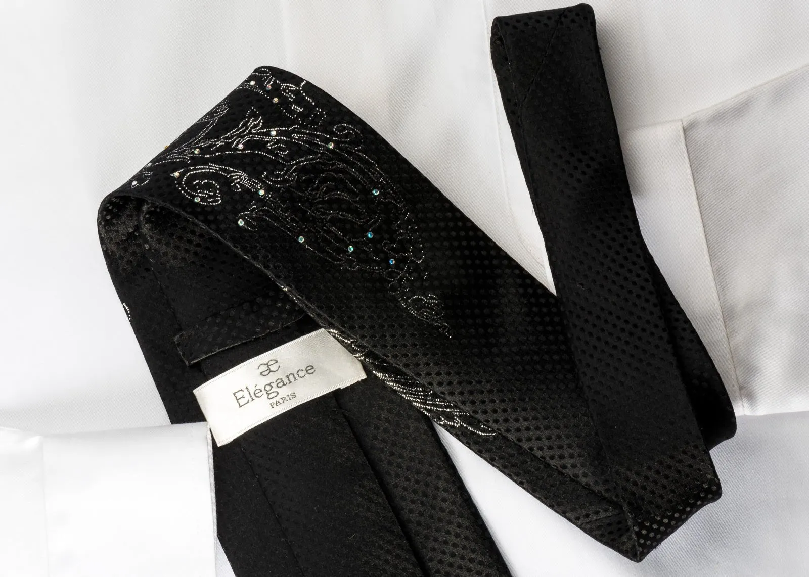 Elegance Silk Rhinestone Necktie Silver Floral On Black With Sparkles