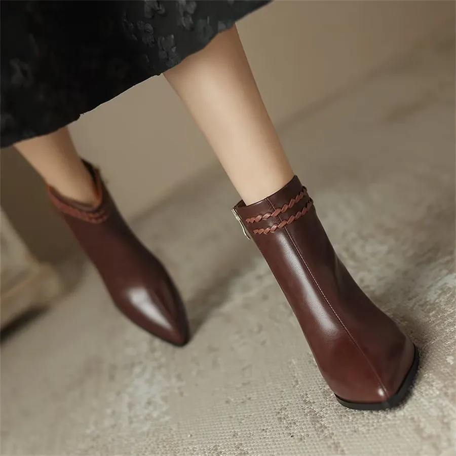 Elegant Cow Leather Pointed Toe Mid Ankle Boots