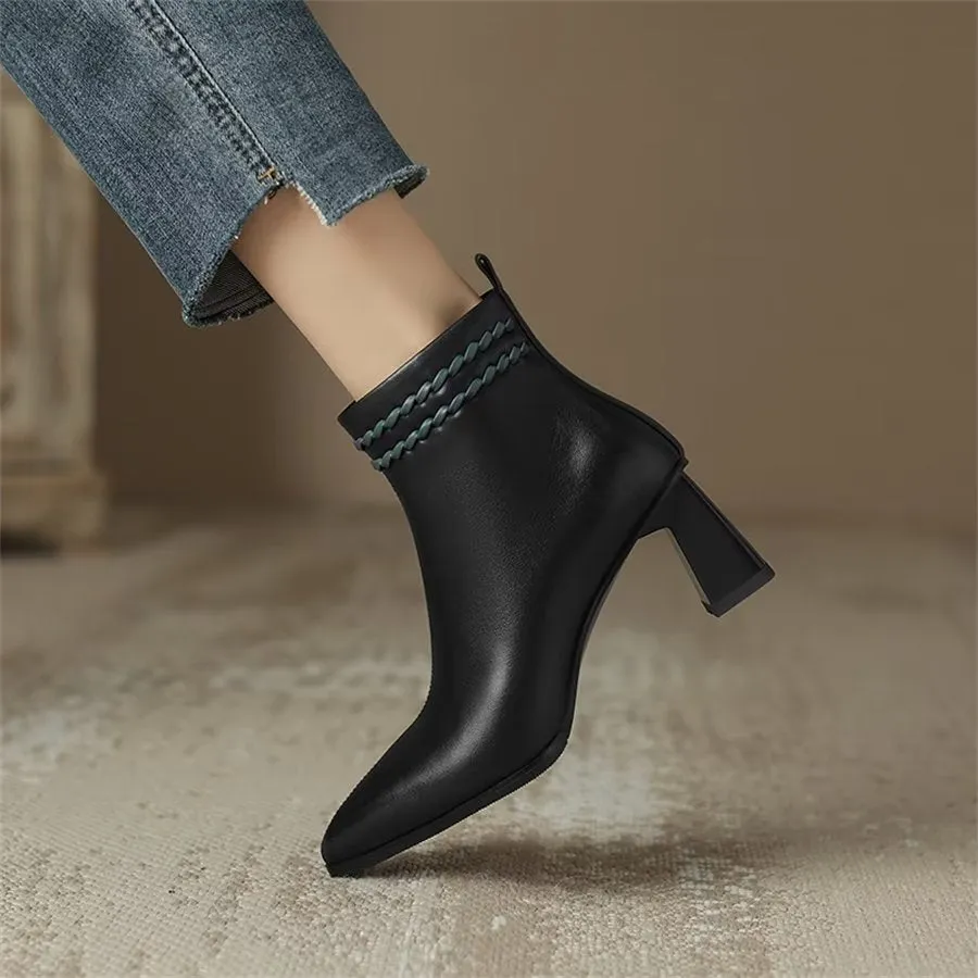 Elegant Cow Leather Pointed Toe Mid Ankle Boots