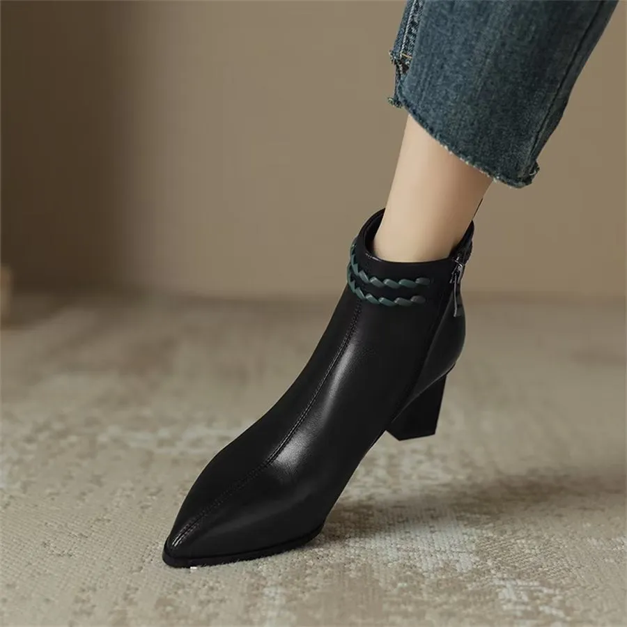 Elegant Cow Leather Pointed Toe Mid Ankle Boots