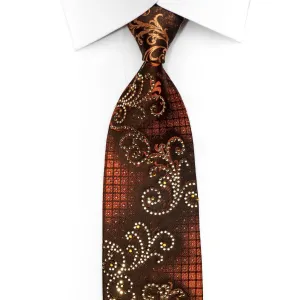 Elle Homme Men's Rhinestone Silk Tie Orange Scrolls On Brown With Silver Sparkles