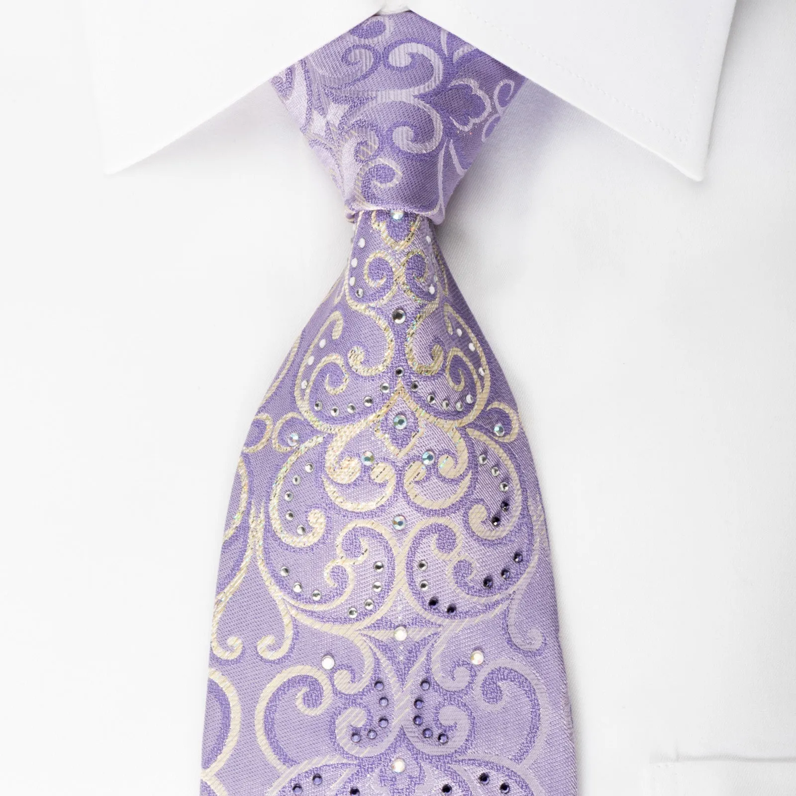 Elle Homme Rhinestone Silk Necktie Silver Damask On Purple With Silver Sparkles