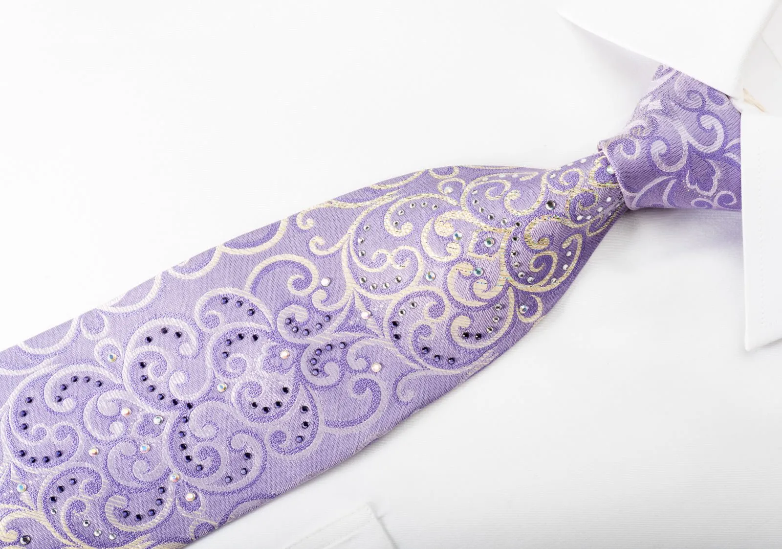 Elle Homme Rhinestone Silk Necktie Silver Damask On Purple With Silver Sparkles