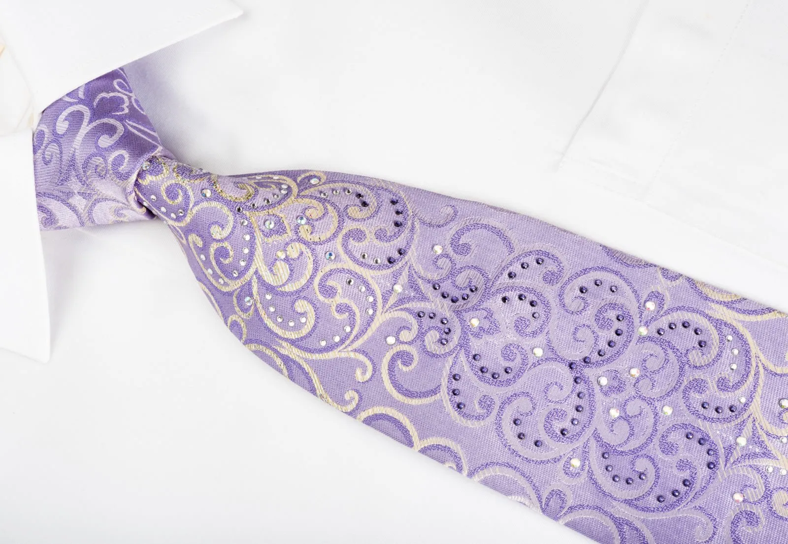 Elle Homme Rhinestone Silk Necktie Silver Damask On Purple With Silver Sparkles