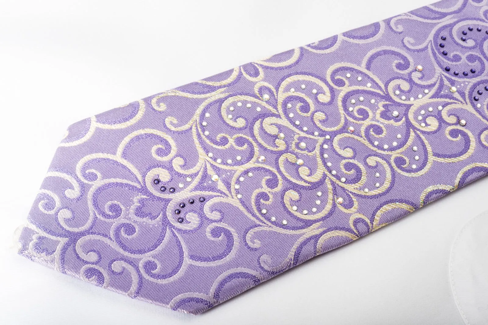 Elle Homme Rhinestone Silk Necktie Silver Damask On Purple With Silver Sparkles