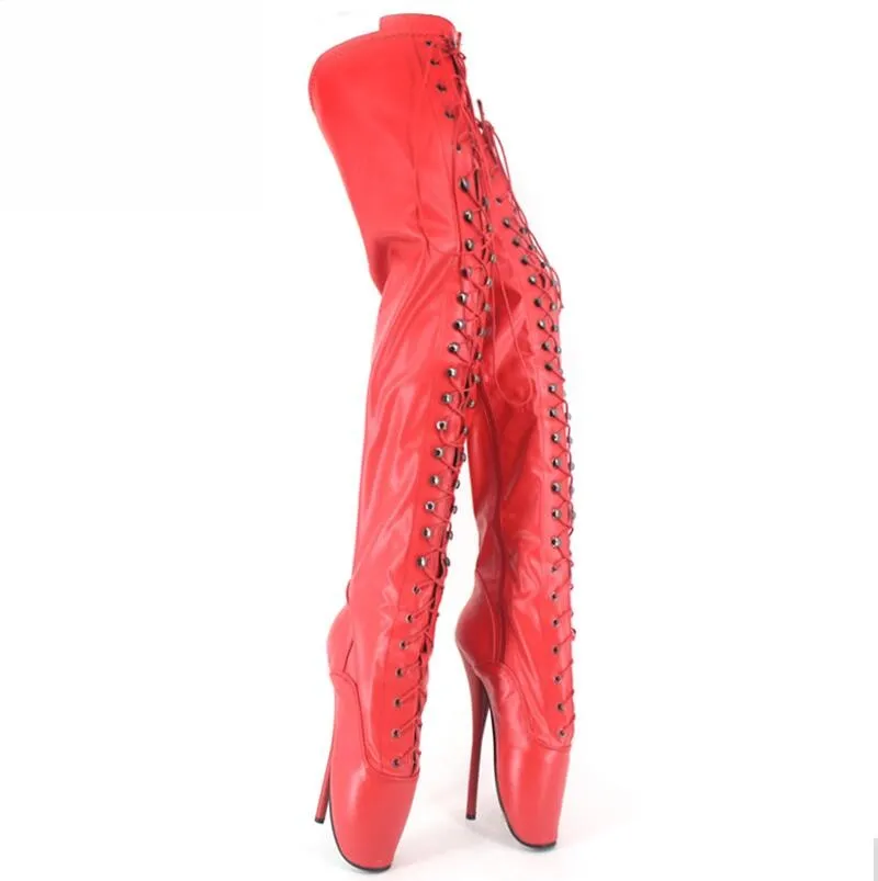 Extreme 18cm High Heel Over The Knee Lace Up Ballet Boots