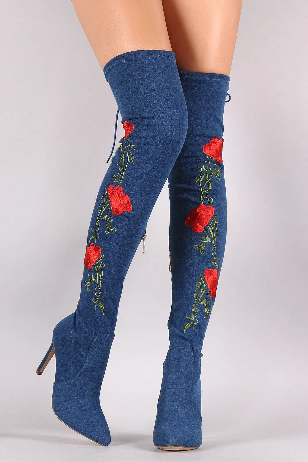 Floral Embroidered Denim OTK Boots