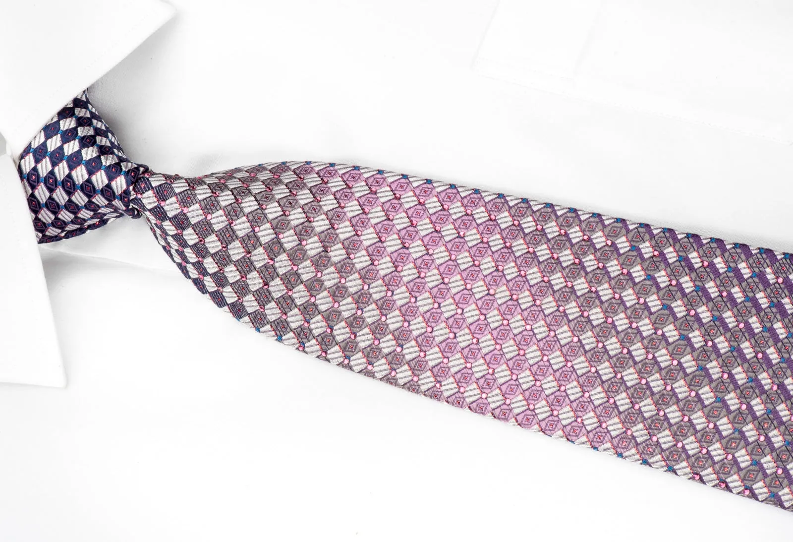 Giorgio Ferri Men's Silk Rhinestone Necktie Silver Purple Checkered With Purple Sparkles