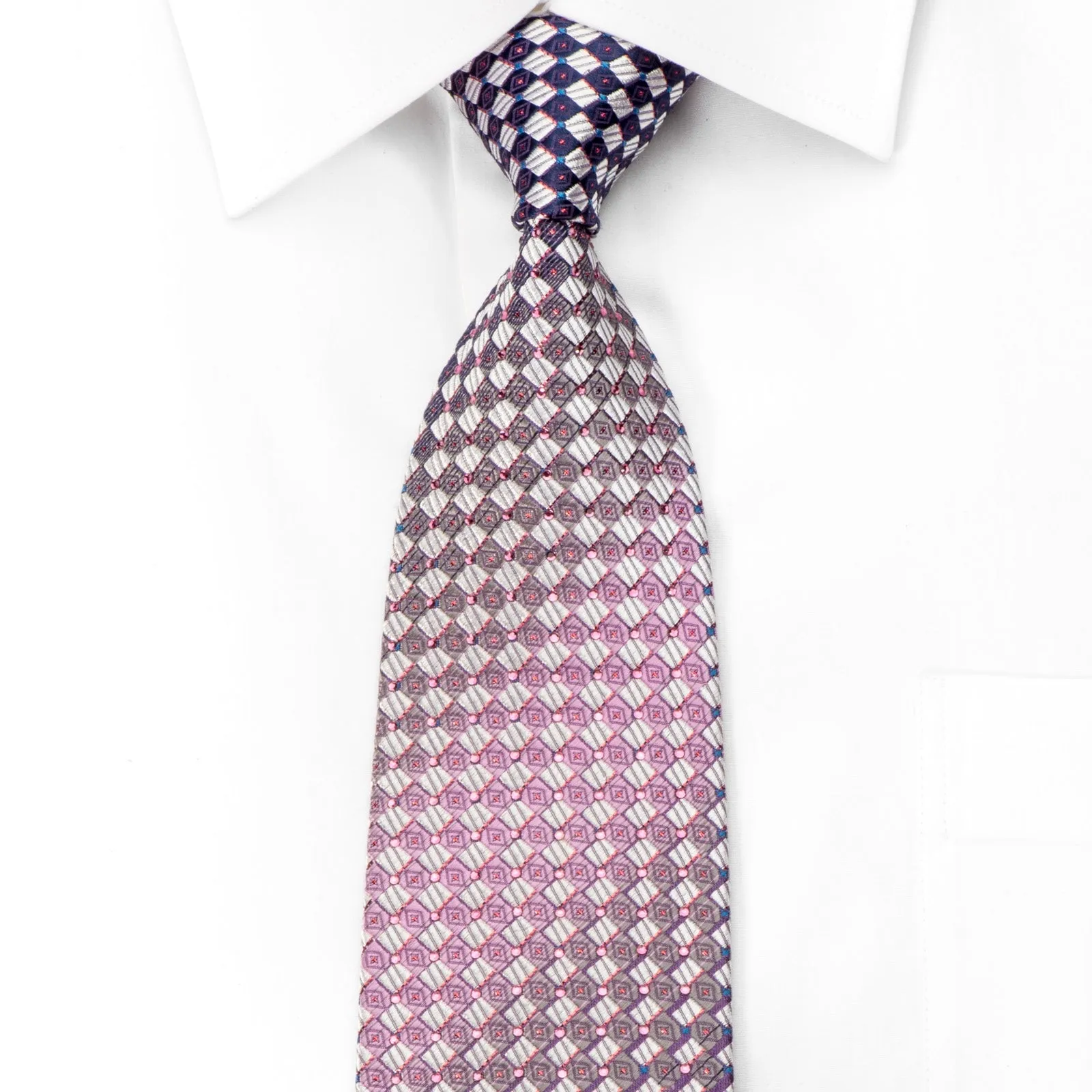 Giorgio Ferri Men's Silk Rhinestone Necktie Silver Purple Checkered With Purple Sparkles