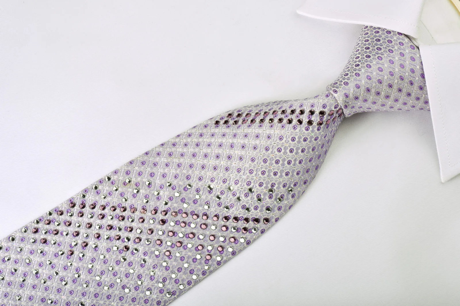 Grand Jour Rhinestone Silk Necktie Purple Dots On Mauve With Silver Sparkles