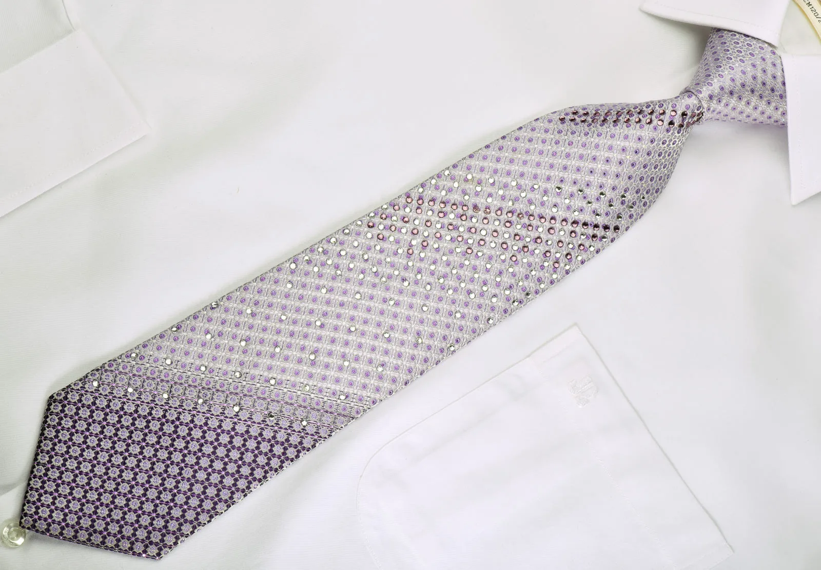 Grand Jour Rhinestone Silk Necktie Purple Dots On Mauve With Silver Sparkles