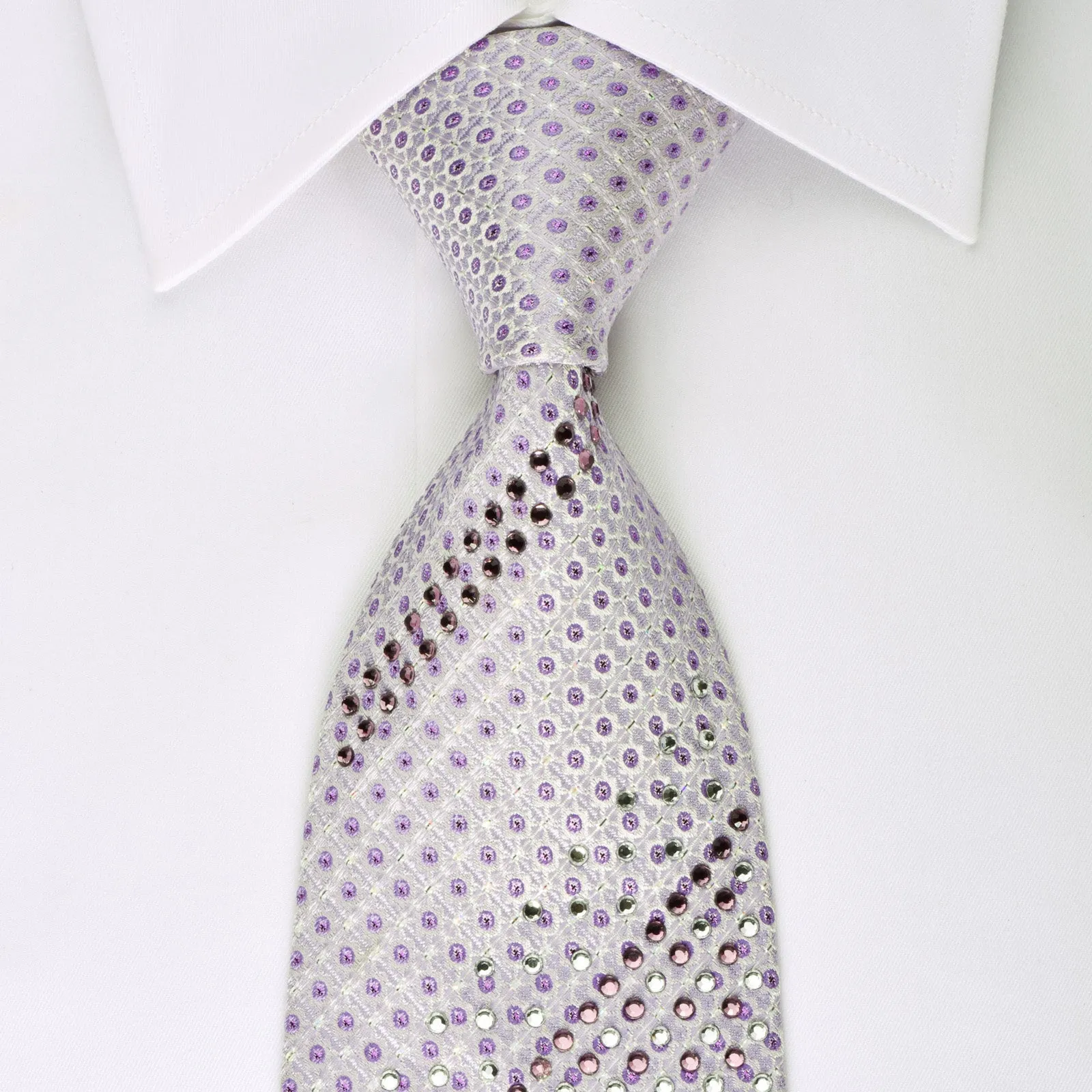 Grand Jour Rhinestone Silk Necktie Purple Dots On Mauve With Silver Sparkles